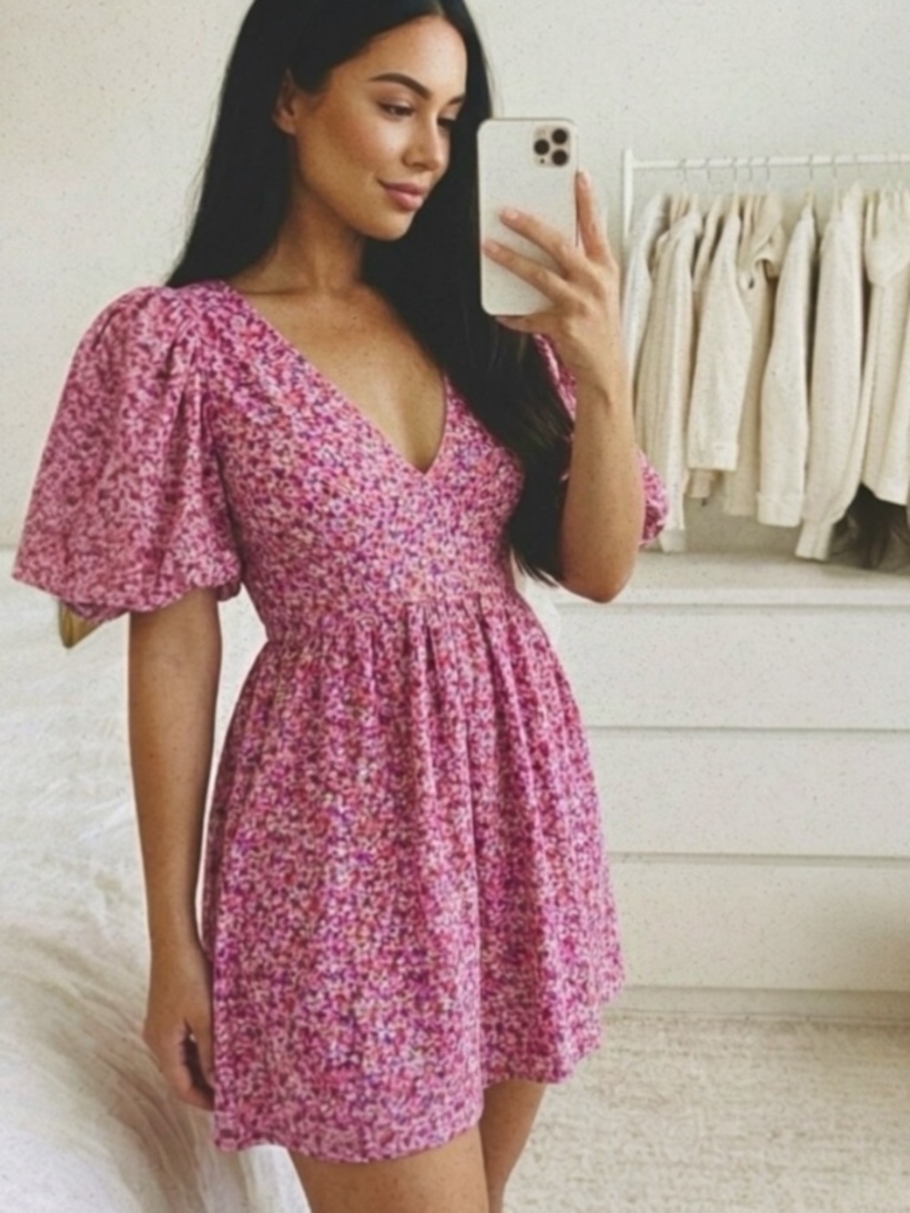 Zara NWT Blogger Favorite Pink Floral Accordion Pleat Short Dress Puff Sleeve S